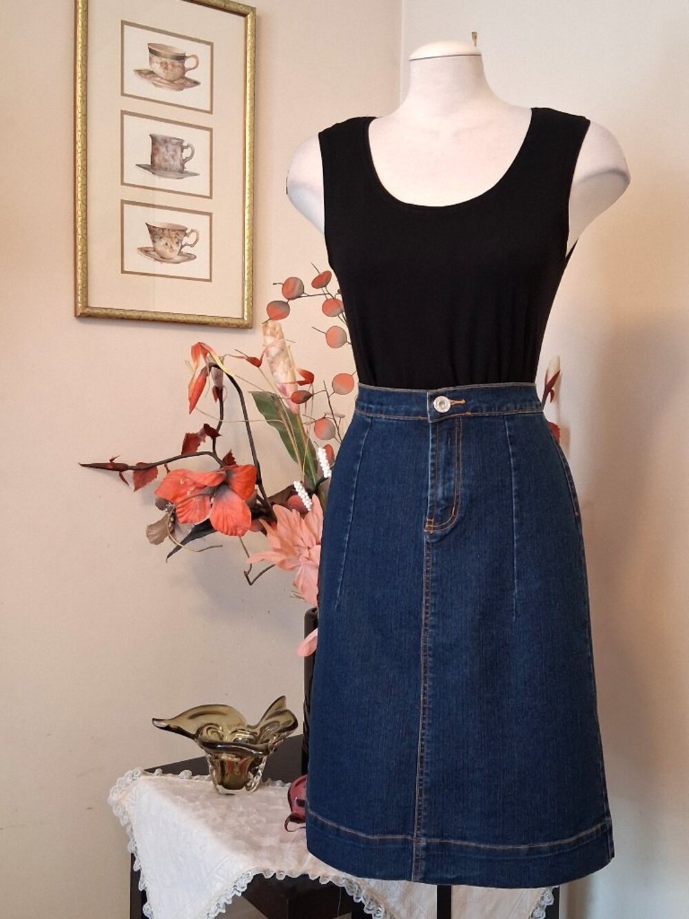 Quality High Waist Stretch Blue Denim Midi Jean Skirt Knee Length Casual Wear 10
